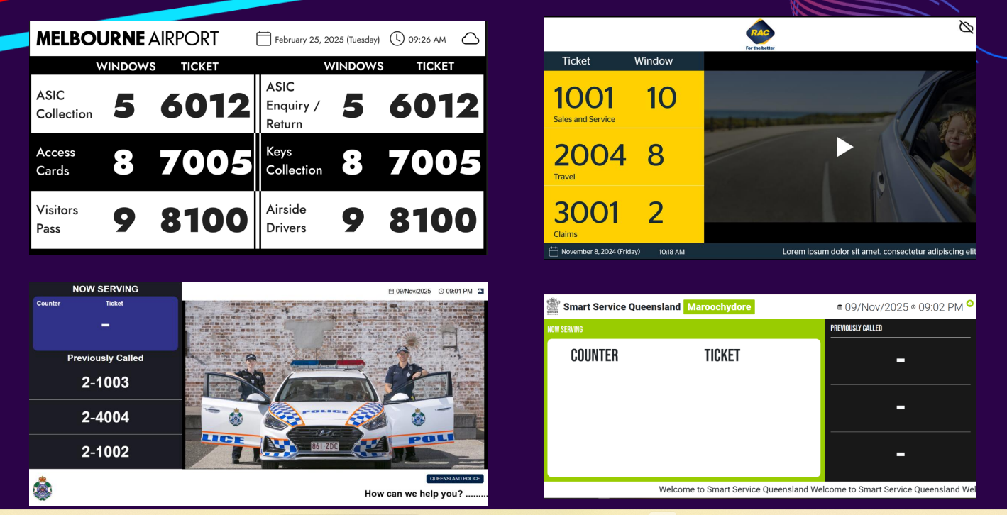 QRight display examples combining ticket and counter information, previously called numbers and branded media