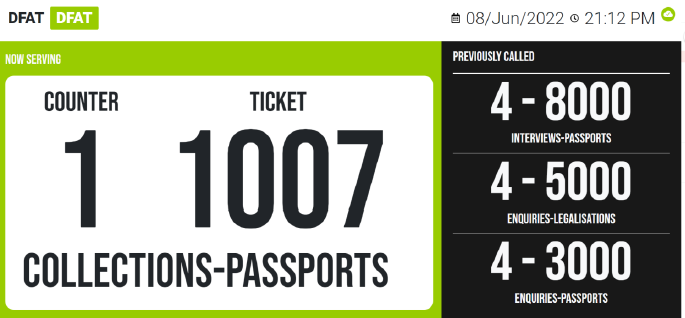 DFAT QRight display showing ticket numbers, counters and passport service categories