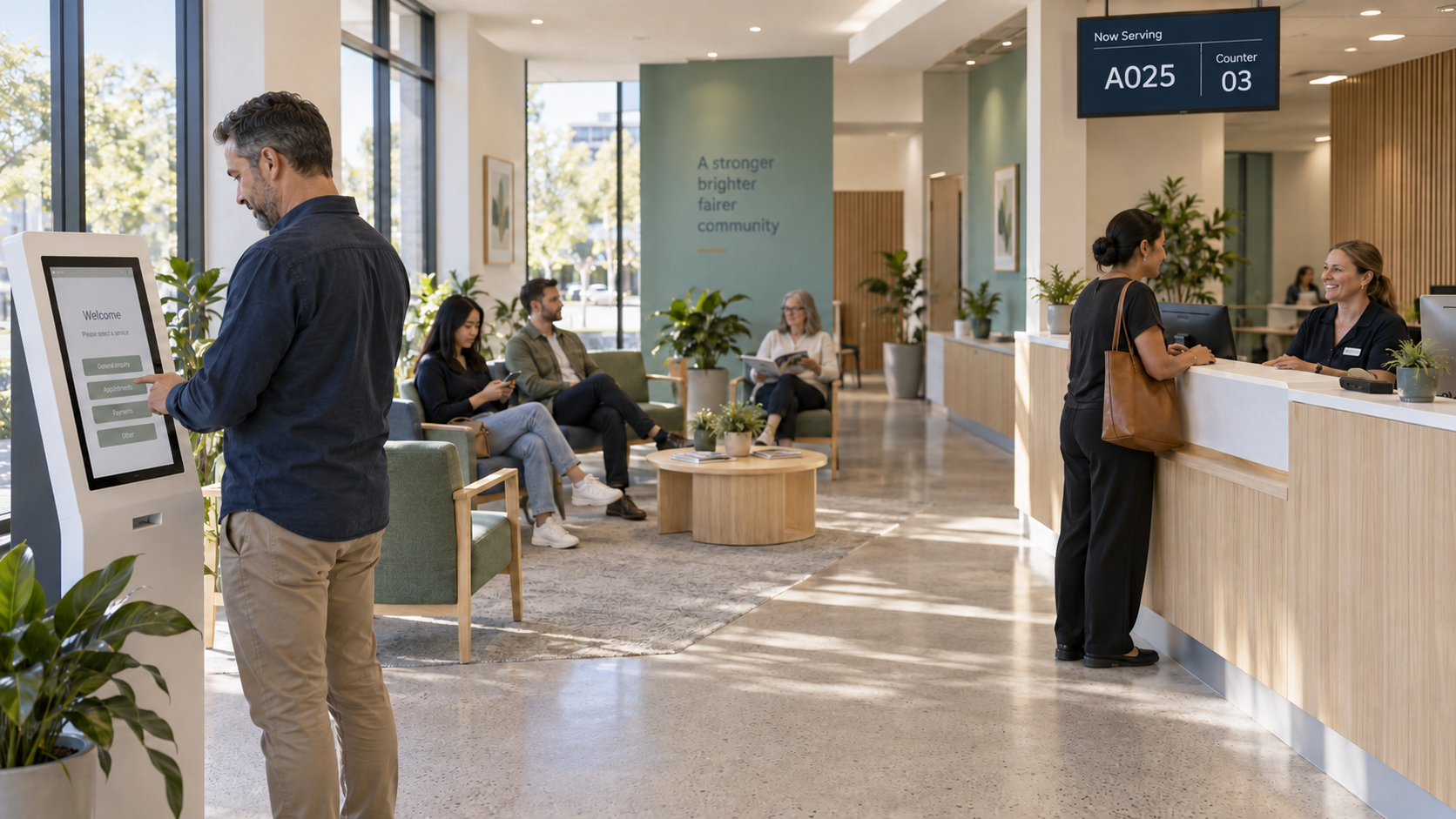 Illustrative service centre with a customer using a check-in kiosk, visitors seated in a waiting area and a receptionist assisting a customer
