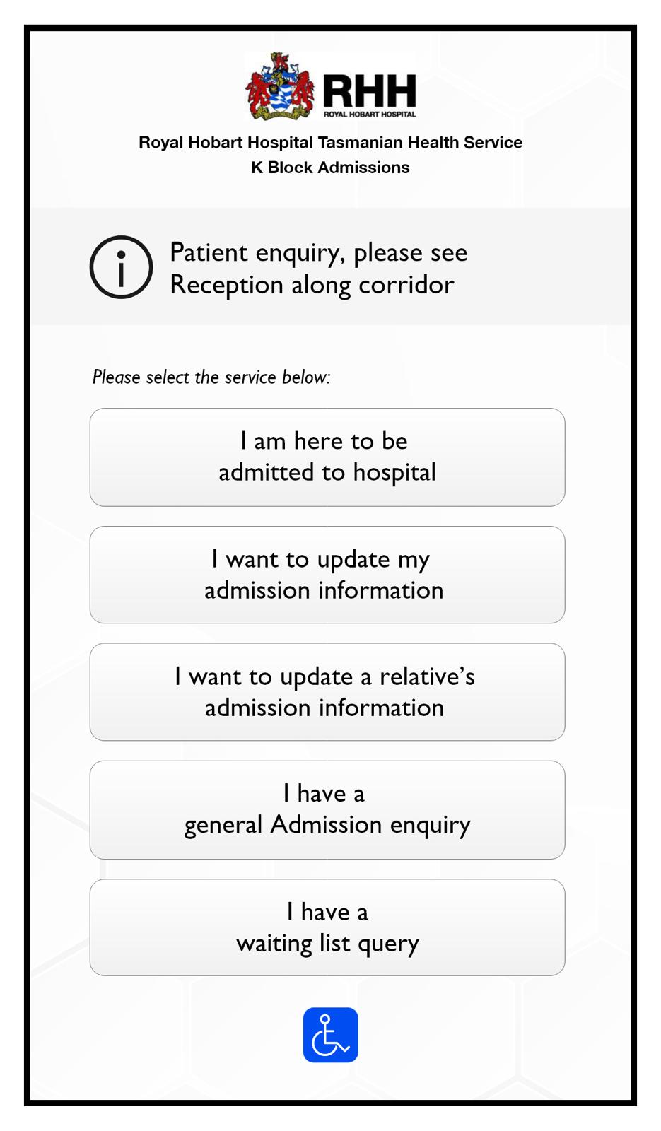 Royal Hobart Hospital K Block Admissions service-selection screen