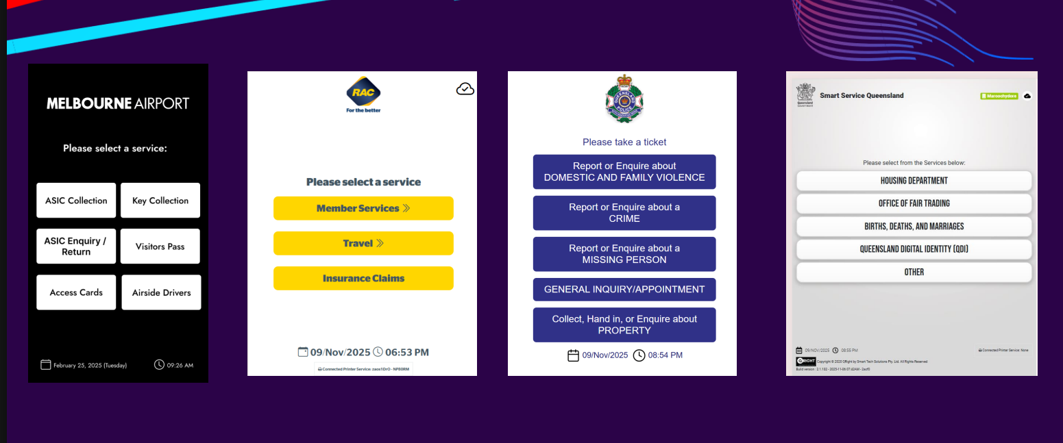 Branded service selection examples for Melbourne Airport, RAC, Queensland Police and Smart Service Queensland